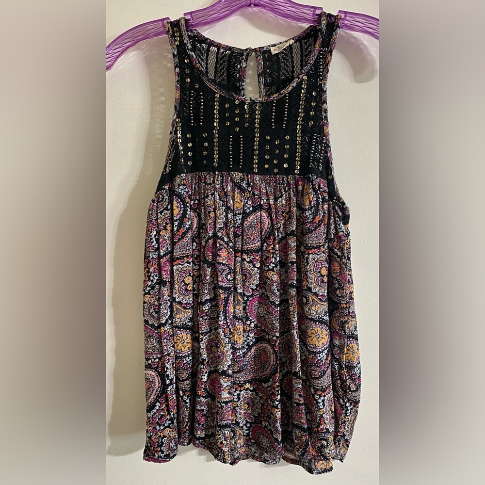 Hollister Black and Pink Paisley Tank Top with lace and sequins and beads